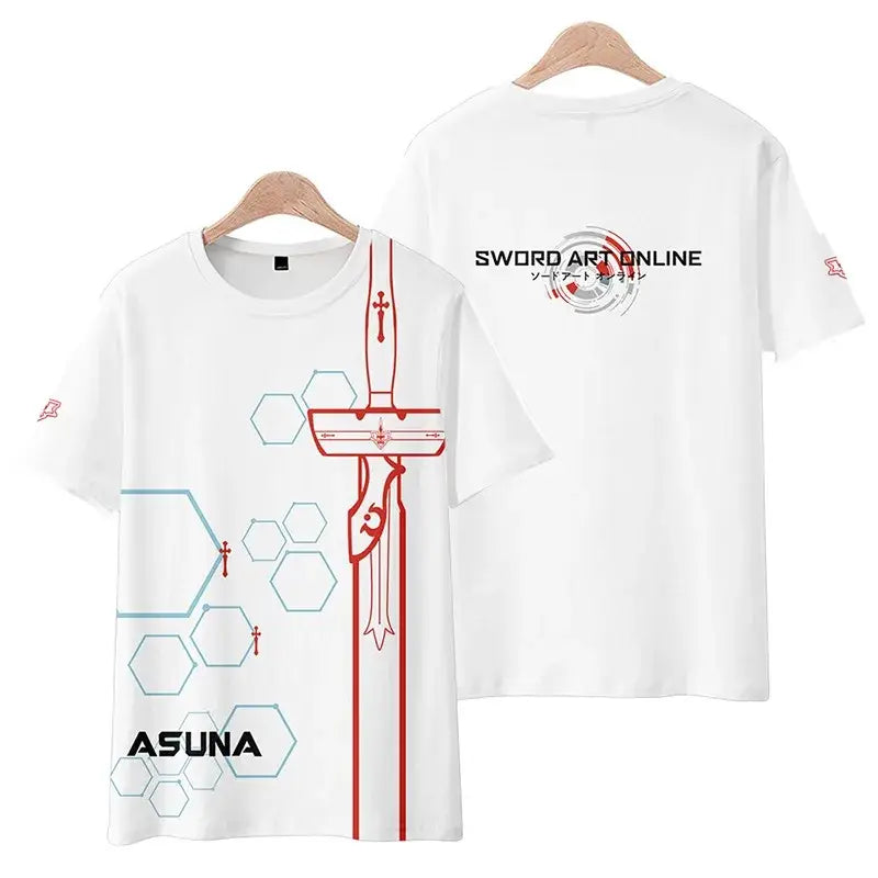 White short sleeve sword art online tee shirt with red sword blue hex patterns and asuna printed in black at bottom