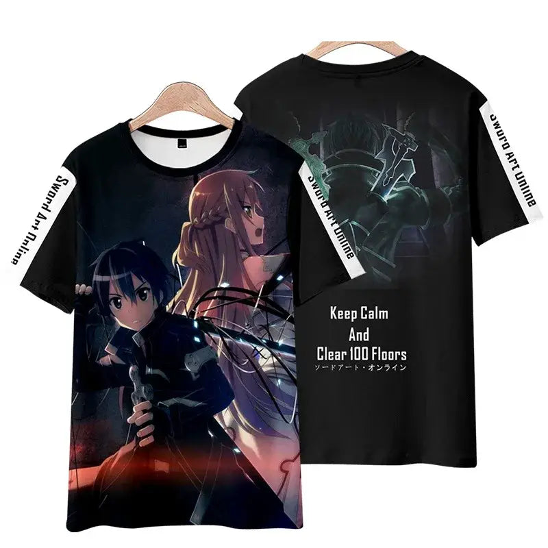Black short sleeve sword art online kirito tee shirt with full body 3d print and white text on sleeves and back