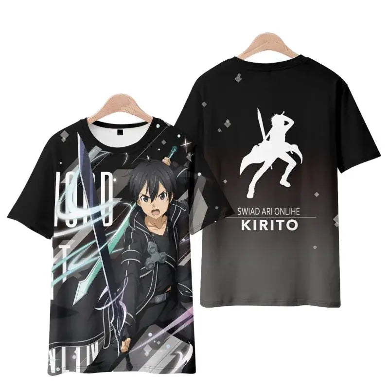 Black short-sleeved plus size t-shirt with 3d printed kirito graphic from sword art online and white artwork on back