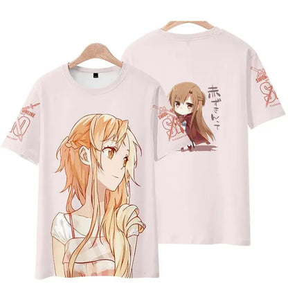 Pale pink short sleeve sword art online tee shirt featuring 3d printed asuna design and red logos front and back