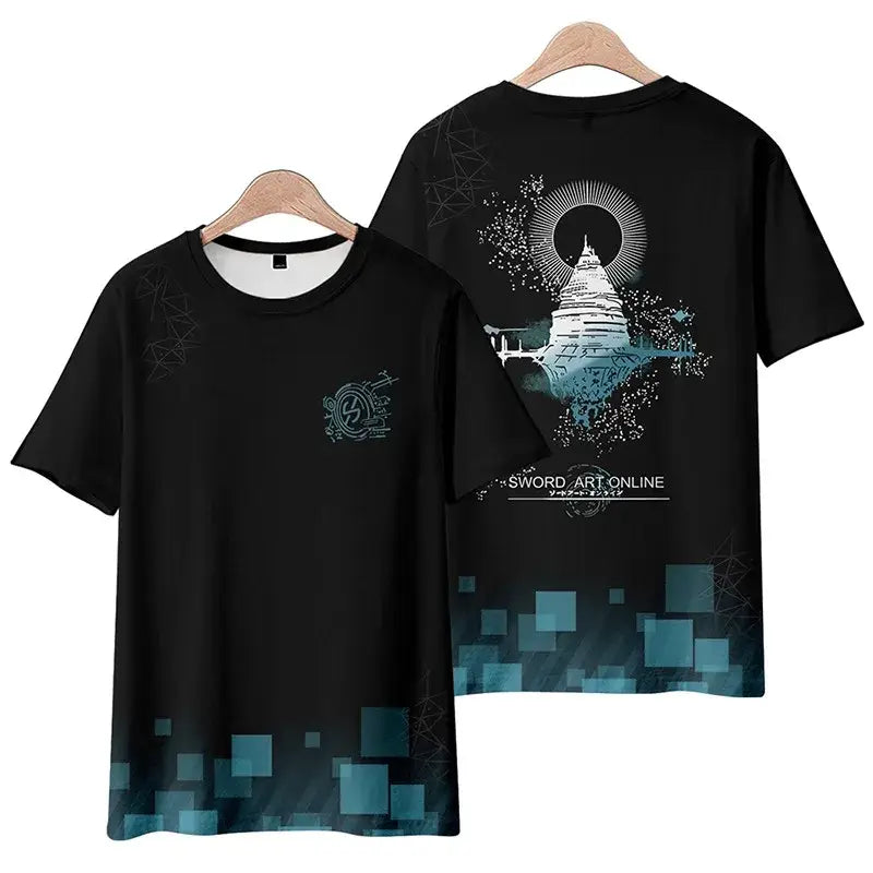 Black short sleeve plus size tee shirt featuring detailed sword art online Kirito graphic with teal and white digital art front and back