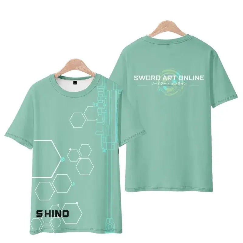Mint green short sleeve sword art online kirito tee shirt with white hexagonal mechanical design and shino print