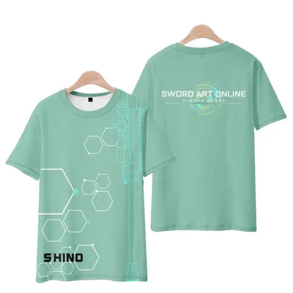 Mint green short sleeve sword art online kirito tee shirt with white hexagonal mechanical design and shino print