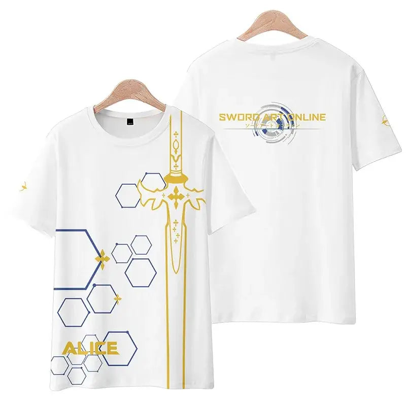 White short-sleeved sword art online kirito tee shirt with gold sword and blue hexagonal patterns plus size