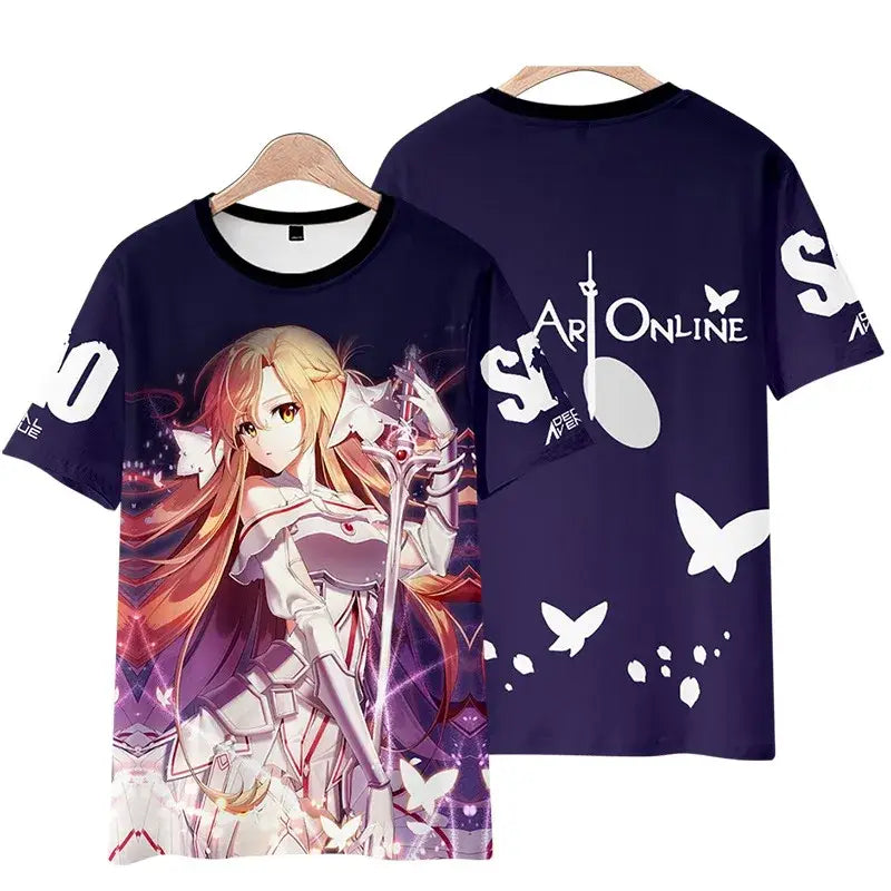 Dark blue short sleeve plus size tee featuring 3d asuna graphic with white butterflies and sword art online text on back