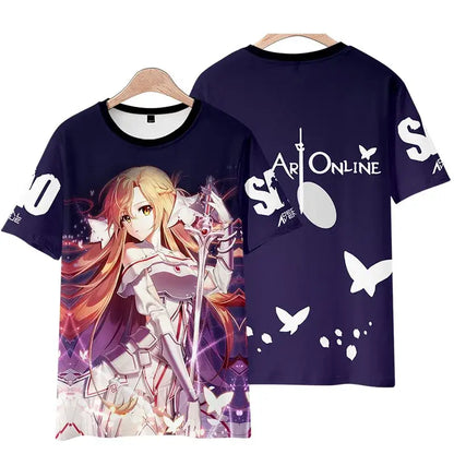 Dark blue short sleeve plus size tee featuring 3d asuna graphic with white butterflies and sword art online text on back