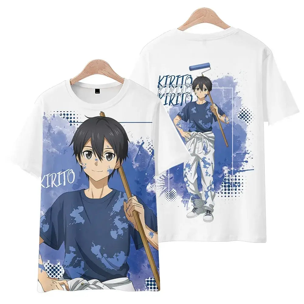 White short sleeve tee shirt featuring kirito from sword art online in blue paint-splattered attire holding a roller