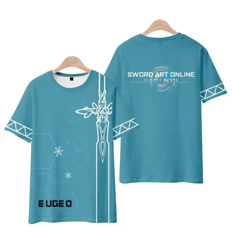 Teal short-sleeved sword art online kirito tee shirt with white sword graphic and hexagonal patterns on back