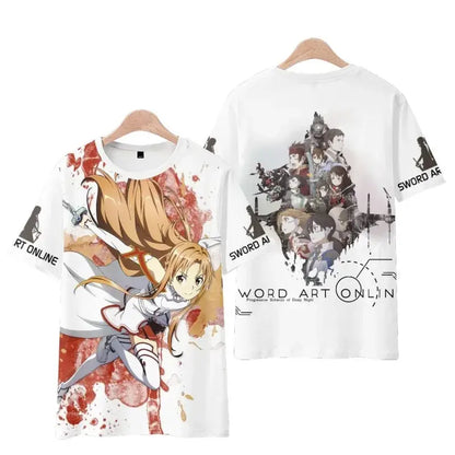 White short sleeve sword art online tee shirt with asuna anime print front and character collage back plus size
