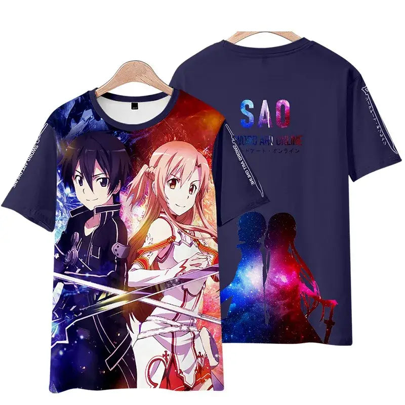 Dark blue short-sleeved sword art online tee shirt featuring vibrant 3d kirito and asuna design on front