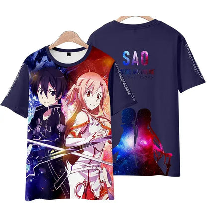 Dark blue short-sleeved sword art online tee shirt featuring vibrant 3d kirito and asuna design on front