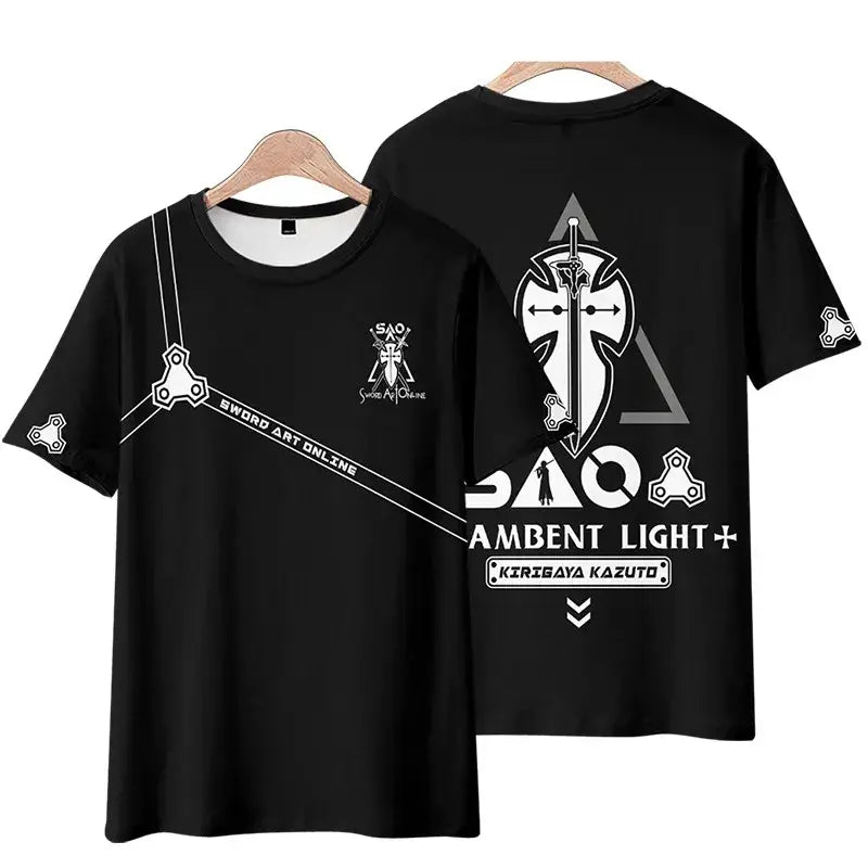 Black short-sleeved sword art online kirito tee shirt with white sword emblem and kirigaya kazuto graphic print