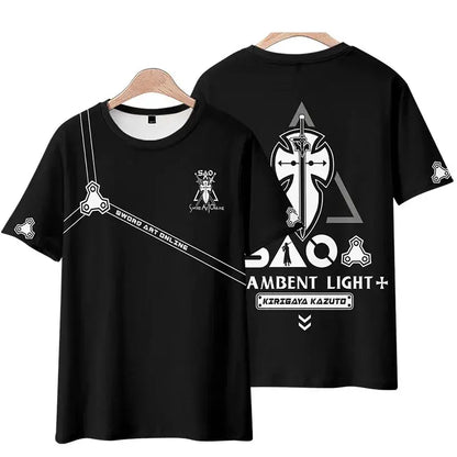 Black short-sleeved sword art online kirito tee shirt with white sword emblem and kirigaya kazuto graphic print
