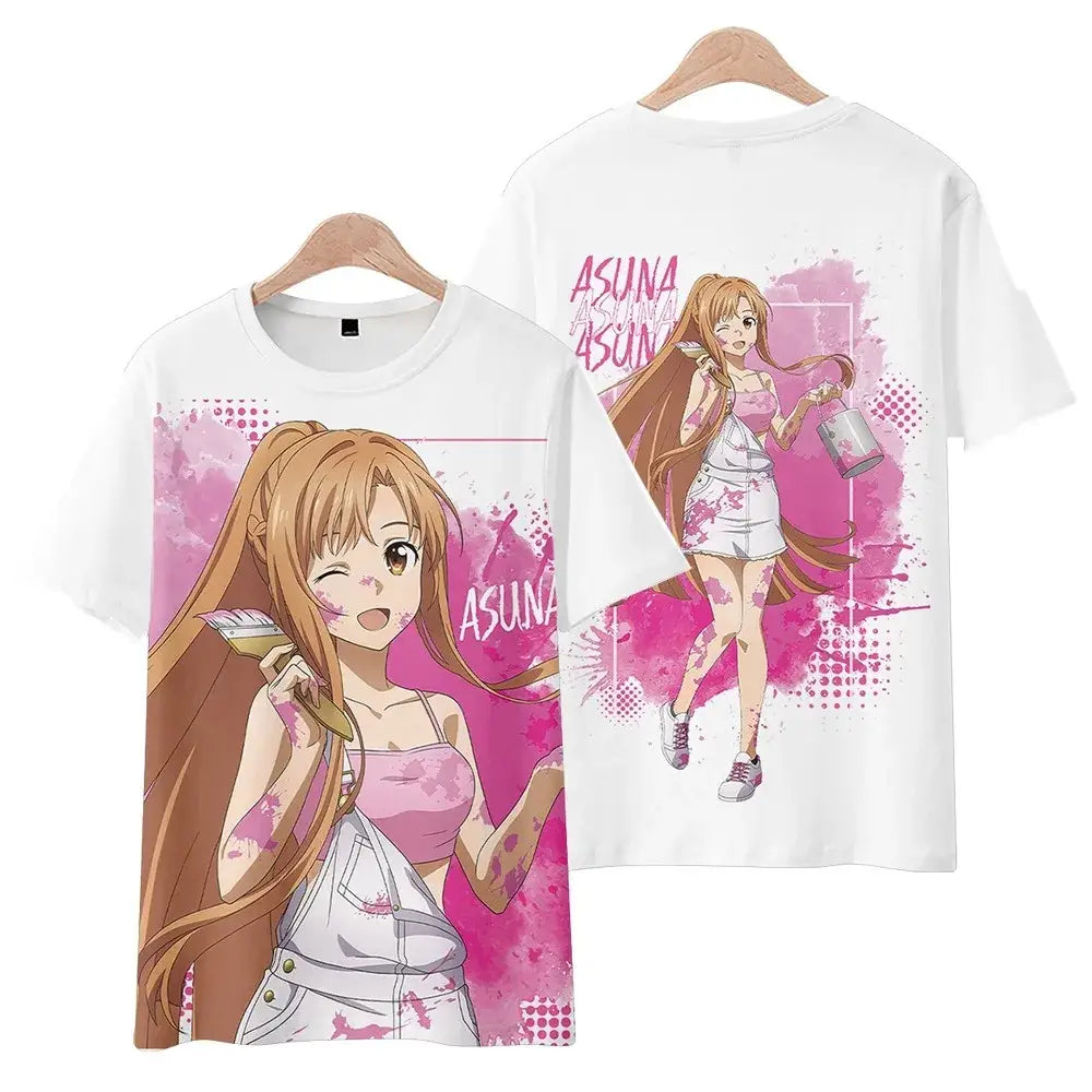 White short sleeve plus size t-shirt with vibrant pink and brown sword art online asuna anime print and paint splatters