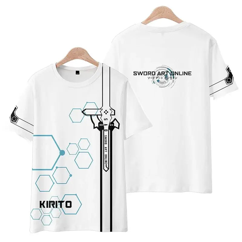 White short sleeve tee featuring kirito sword graphic with hex patterns and kirito name from sword art online