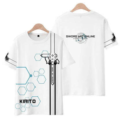 White short sleeve tee featuring kirito sword graphic with hex patterns and kirito name from sword art online