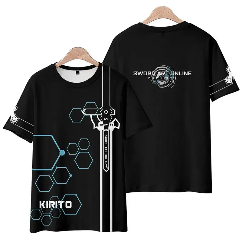 Black short-sleeved sword art online kirito tee shirt featuring white and light blue sword graphic and hexagonal patterns
