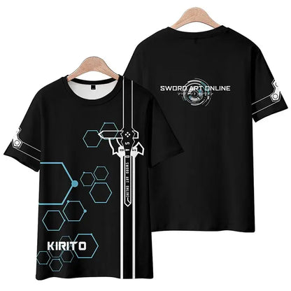 Black short-sleeved sword art online kirito tee shirt featuring white and light blue sword graphic and hexagonal patterns