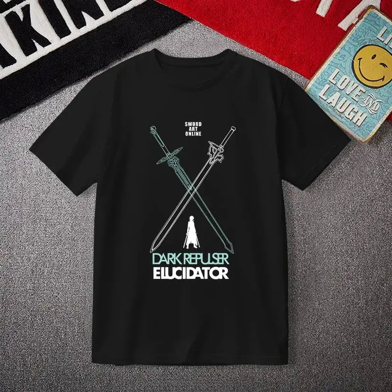 Black short sleeve plus size cotton tee featuring sword art online graphic with crossed swords and light green outlines