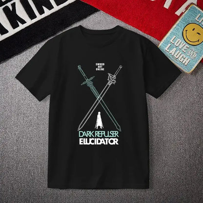 Black short sleeve plus size cotton tee featuring sword art online graphic with crossed swords and light green outlines