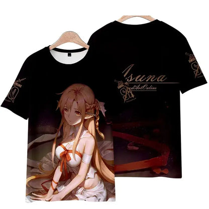 Black short sleeve sword art online kirito tee shirt featuring 3d printed asuna with blonde hair and orange ribbons