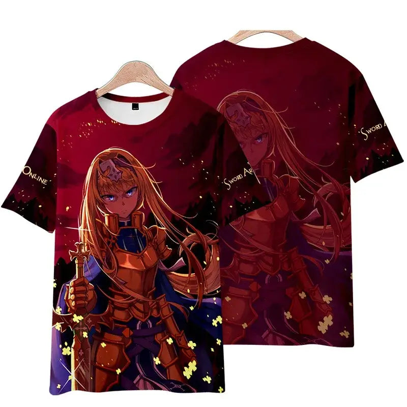 Red short sleeve sword art online kirito tee shirt featuring anime character in armor holding sword with text on sleeve and back