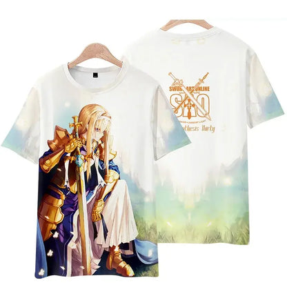 White short sleeve sword art online kirito tee shirt with anime blonde character and sword art online branded back design