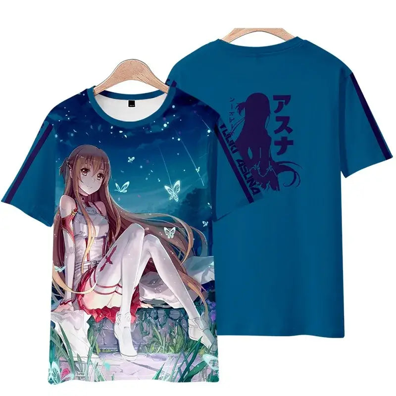 Blue short-sleeved sword art online tee shirt featuring 3d printed asuna with butterflies under starry night sky