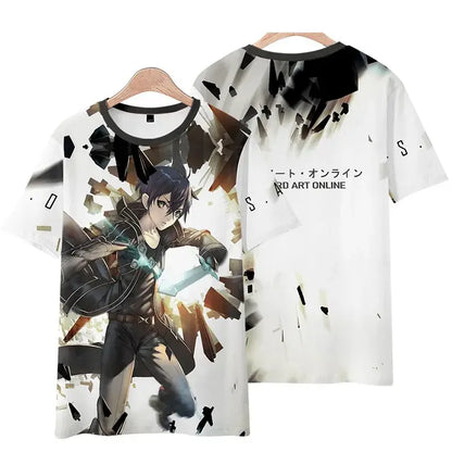 White short-sleeved sword art online kirito tee shirt with detailed 3d anime design and art online text on back
