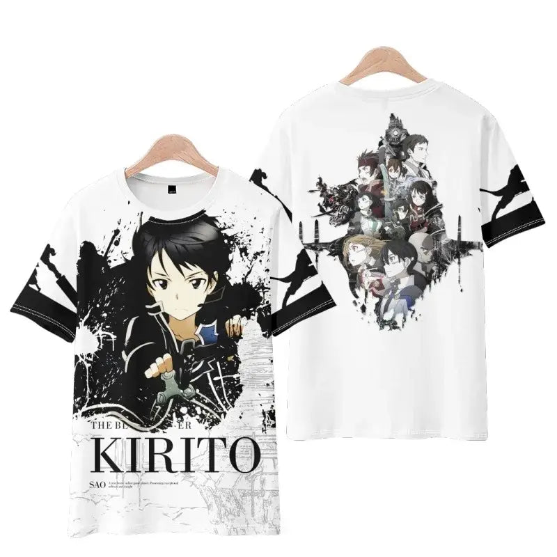 White short sleeve tee featuring black and gray kirito artwork with splatter design front and character collage back sword art online