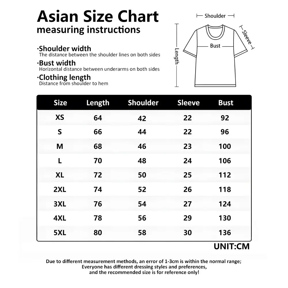 Asian size chart in centimeters for plain white short sleeve sword art online kirito tee shirt plus size