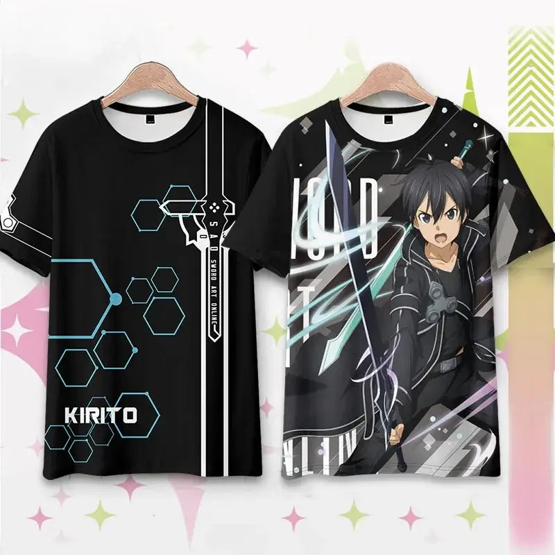 Black short sleeve plus size t-shirt featuring detailed kirito anime print with blue hexagonal patterns from sword art online