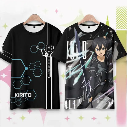 Black short sleeve plus size t-shirt featuring detailed kirito anime print with blue hexagonal patterns from sword art online