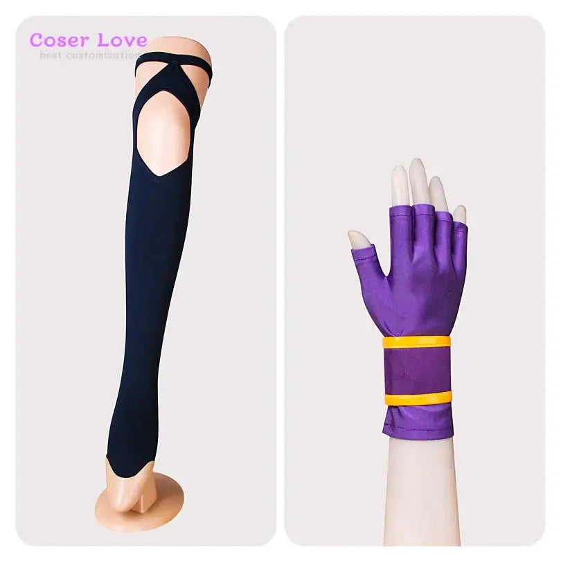 Black and purple cutout cosplay leggings with yellow wristband fingerless gloves for sword art online konno yuuki costume