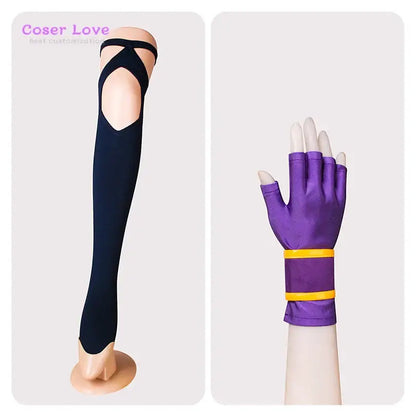 Black and purple cutout cosplay leggings with yellow wristband fingerless gloves for sword art online konno yuuki costume