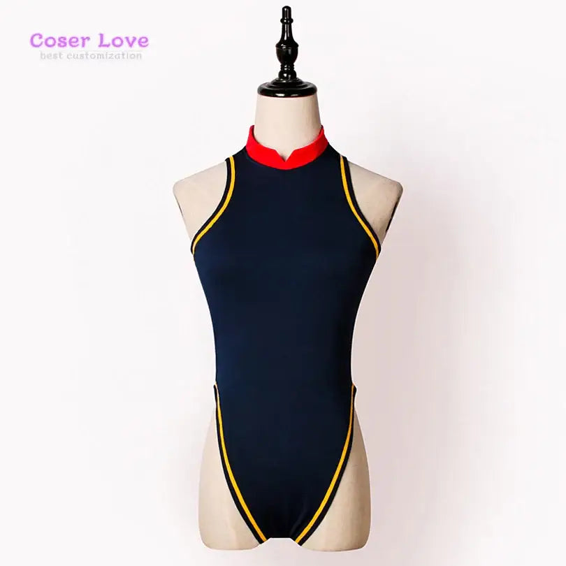 A navy blue high-neck one-piece swimsuit with red and yellow trim accents for sword art online konno yuuki cosplay