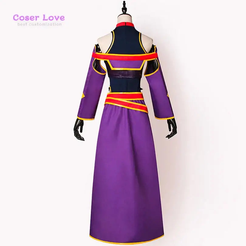 Purple sword art online konno yuuki cosplay dress with navy blue and red accents and gold trim detailing