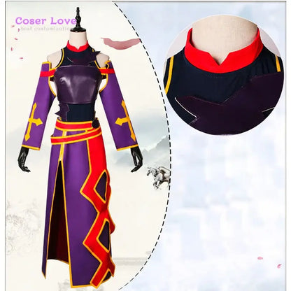 Purple and red sword art online konno yuuki cosplay costume with gold trim high collar long sleeves and flowing skirt
