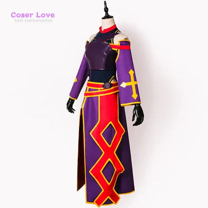 Purple and red sword art online konno yuuki cosplay costume with gold trim high collar crosses and diamond patterns