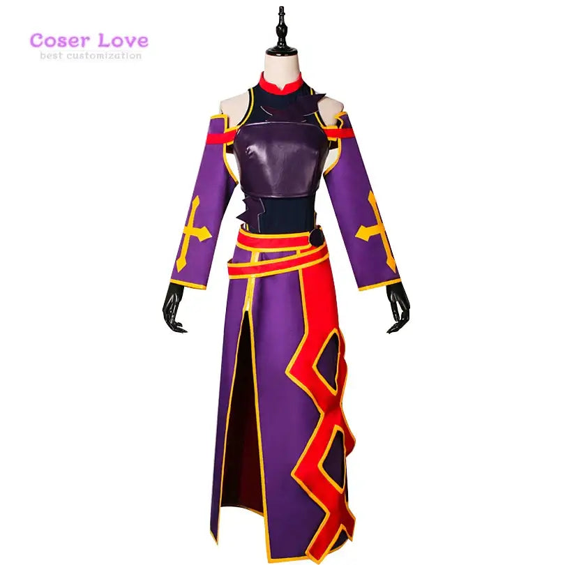 Sword art online konno yuuki cosplay costume with purple and red faux leather high-collared top and gold trim
