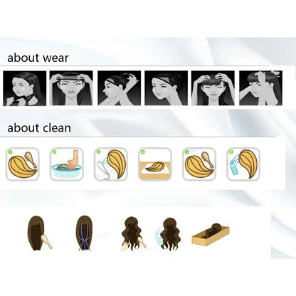 Illustrated steps for wearing and cleaning sword art online konno yuuki synthetic hair extensions in various styles