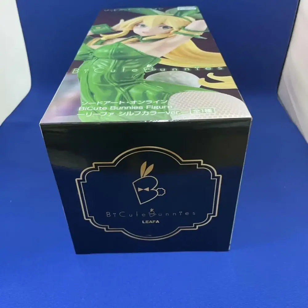 The box for the sword art online leafa bicute bunnies figure features a vibrant green and gold design with her illustration
