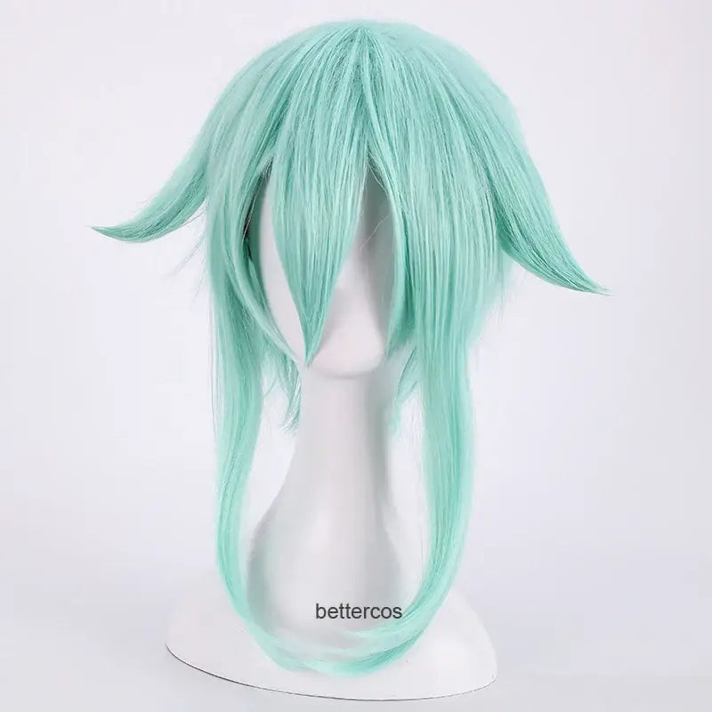 A mint green sword art online sinon cosplay wig with long straight strands and side swept bangs made of heat resistant synthetic hair