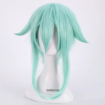 A mint green sword art online sinon cosplay wig with long straight strands and side swept bangs made of heat resistant synthetic hair