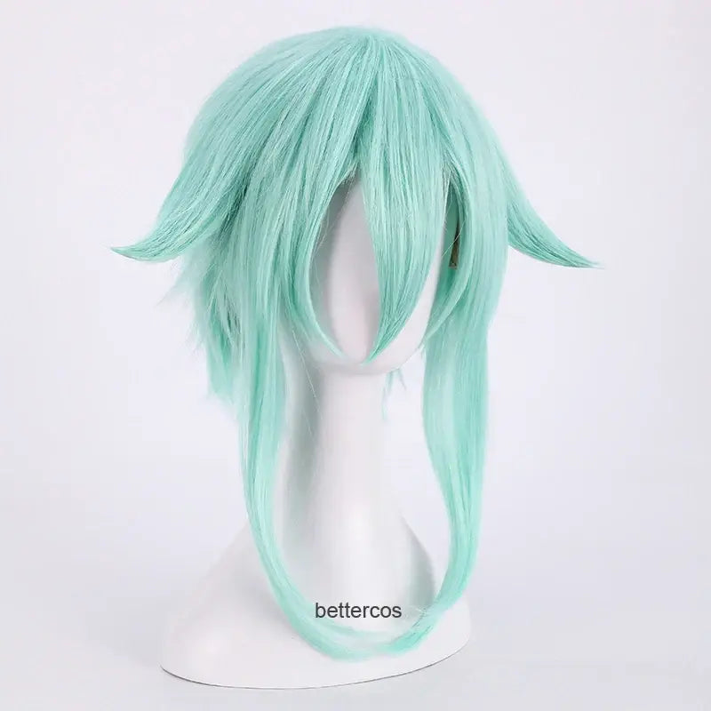 Sword art online sinon cosplay wig in mint green with long straight strands and side-swept bangs, heat-resistant synthetic hair