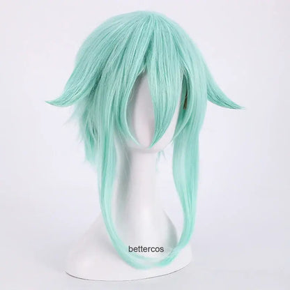 Sword art online sinon cosplay wig in mint green with long straight strands and side-swept bangs, heat-resistant synthetic hair