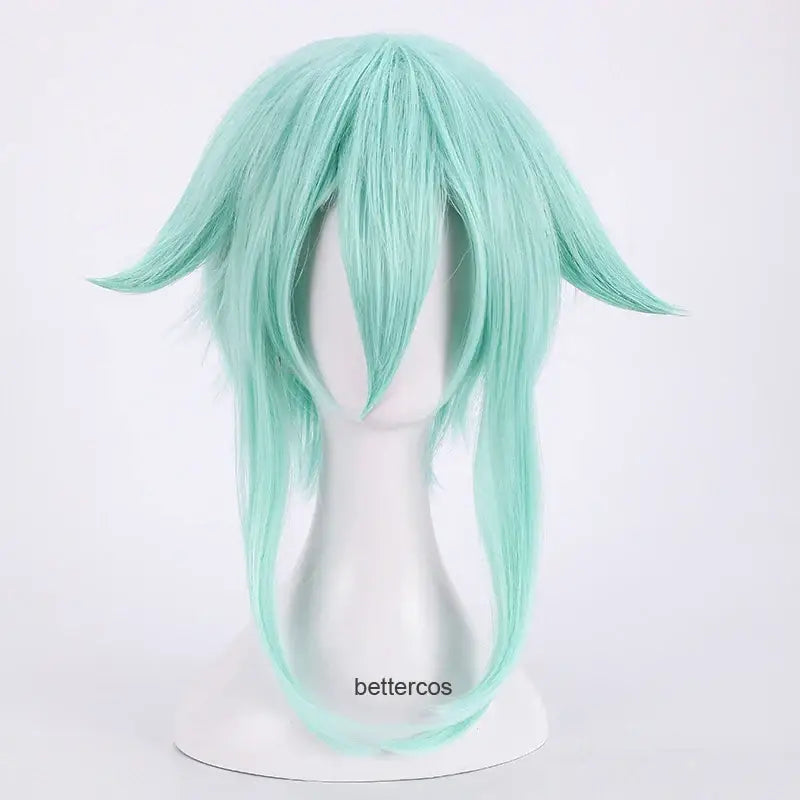 A mint green mint green sword art online sinon cosplay wig with long straight strands and pointed side bangs displayed on a mannequin head