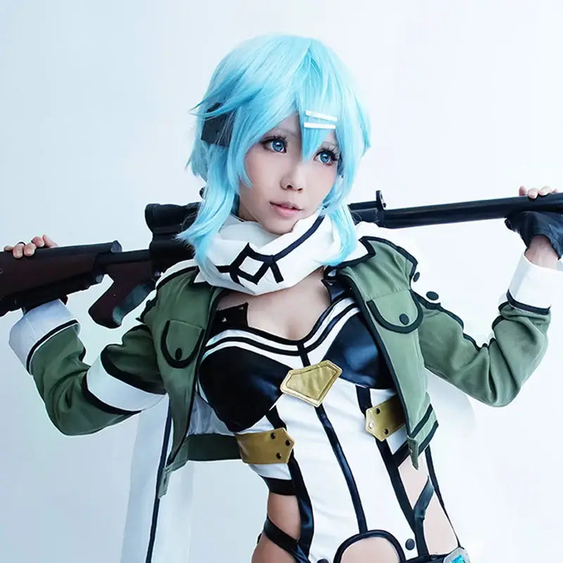 A cosplayer wearing sword art online asuna cosplay with a detailed green white black outfit and ice blue wig