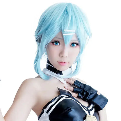 Ice blue synthetic sword art online short cosplay wig with layered bangs and white headband for sinon costume