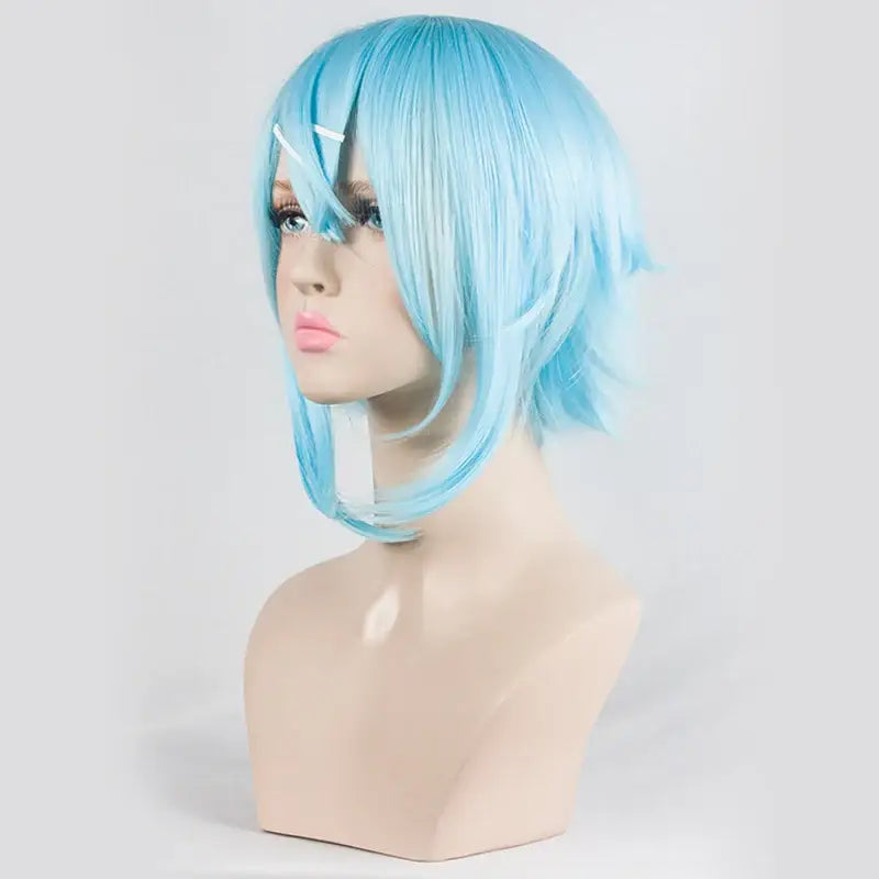 A vibrant ice blue synthetic sword art online short cosplay wig with straight shoulder-length layers and side-swept fringe